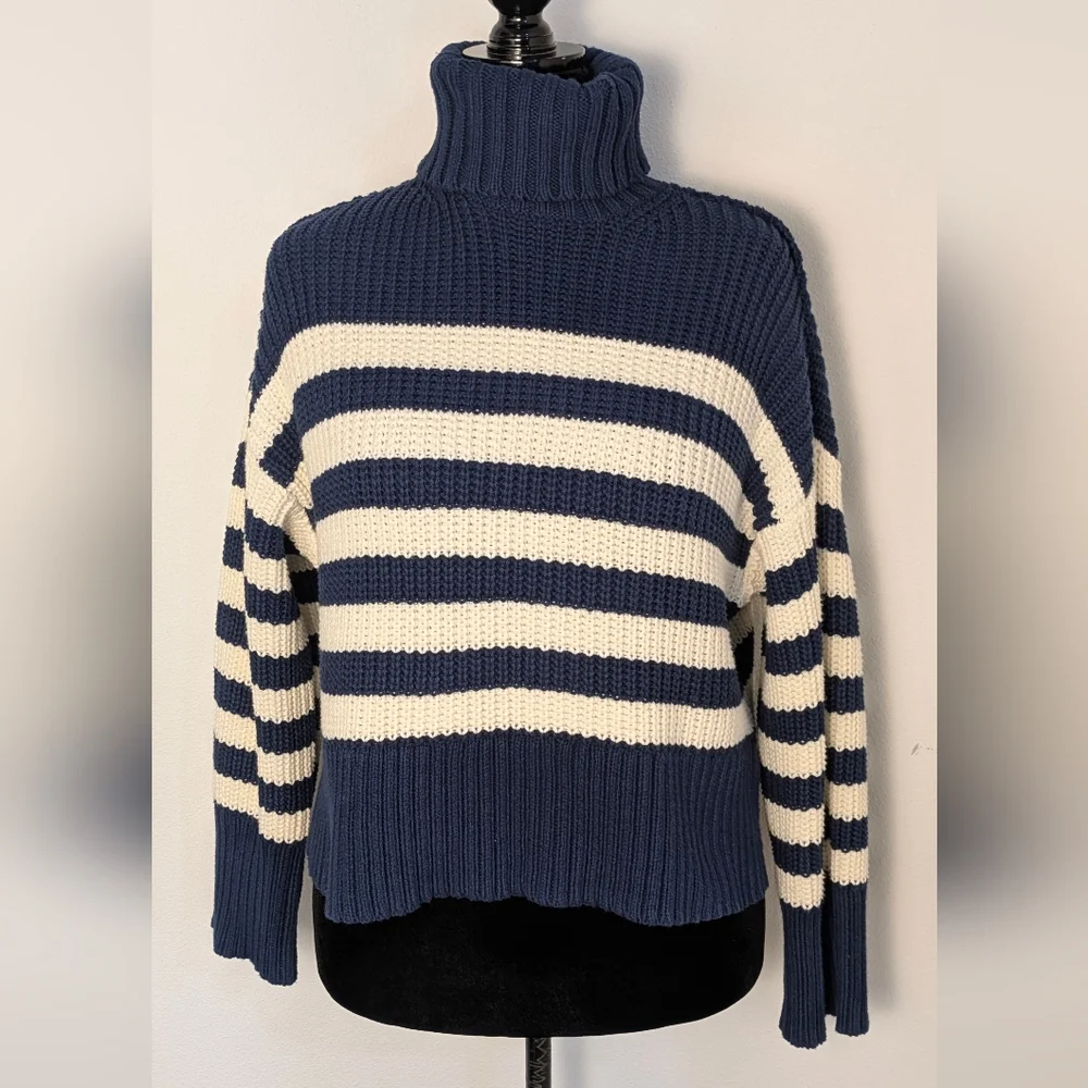 Madewell Wide Rib Turtleneck Crop Sweater New Sz S Oversized Striped Blue Cream - Picture 3 of 13